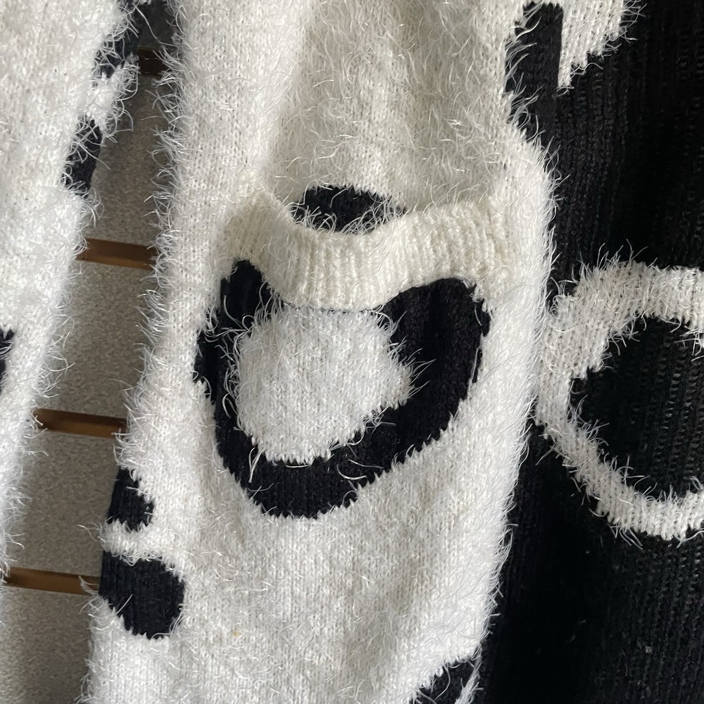 Jess Lea S Black White Cheetah Leopard Open Front Cardigan Pockets Feather Yarn - Picture 2 of 6